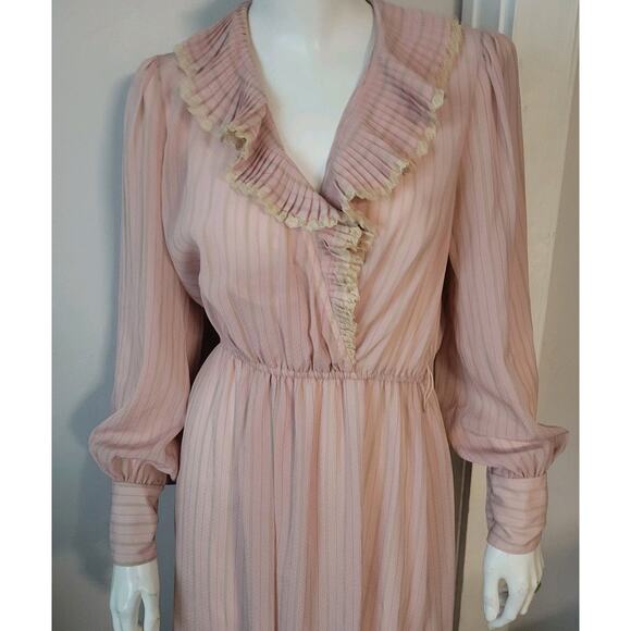 Donna Morgan Non Stop Sheer Pink Midi Dress Sz. S Chiffon Union Made Long Sleeve - Picture 1 of 11